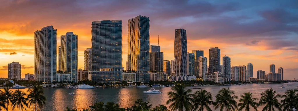 Miami condos for sale with modern waterfront high-rise towers along Biscayne Bay at sunset