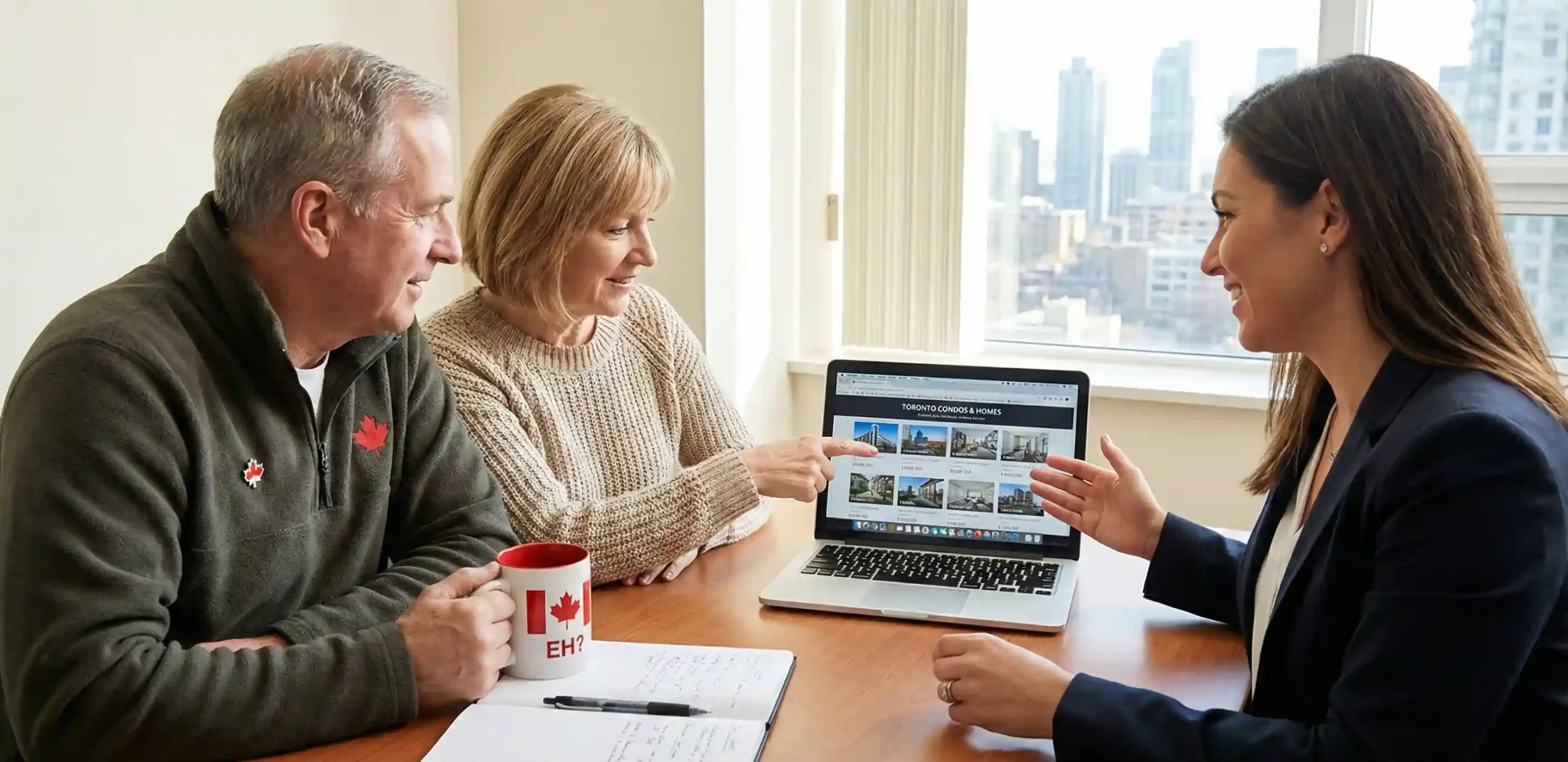 Canadian investors planning an Aventura real estate purchase with a local advisor on a laptop
