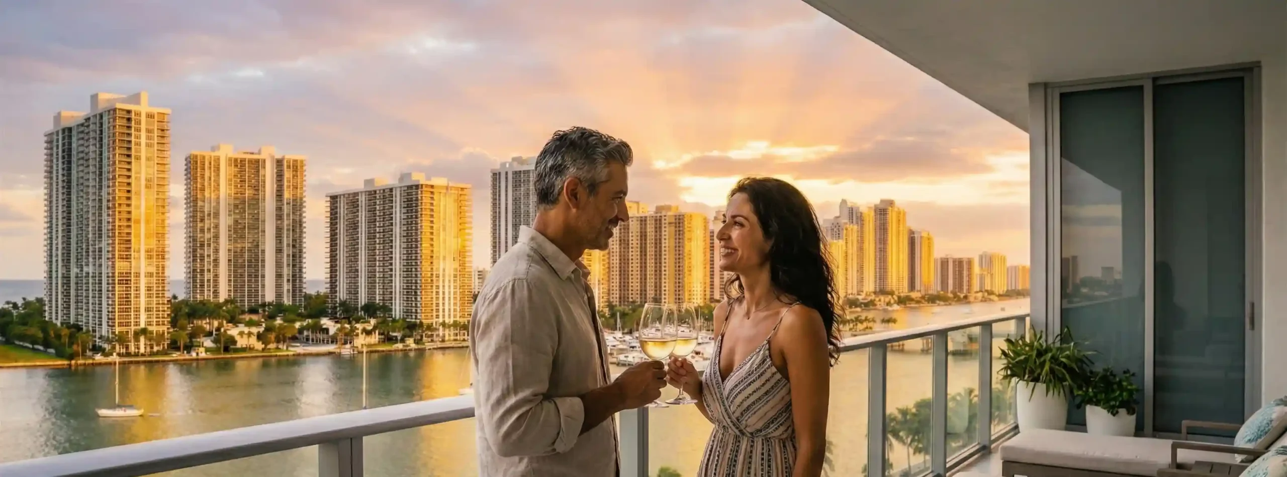 Canadian buyers enjoying Aventura real estate views from a modern condo balcony