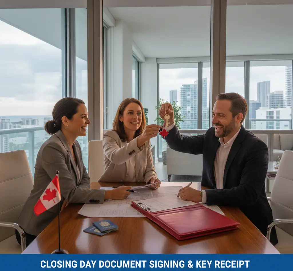 Canadians buying property in Miami - closing day document signing and key receipt