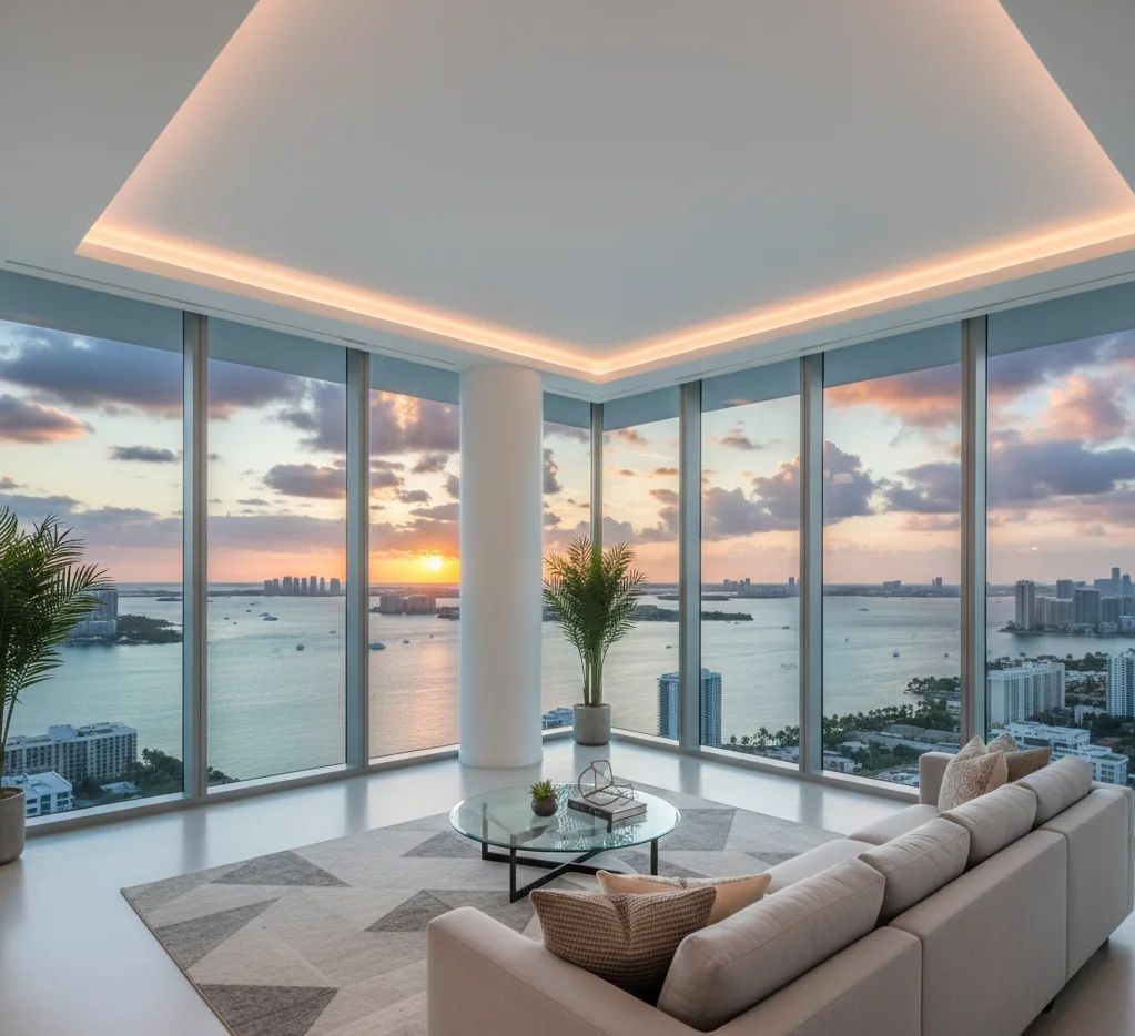 Aria on the Bay condo interior with floor-to-ceiling windows and panoramic Biscayne Bay views