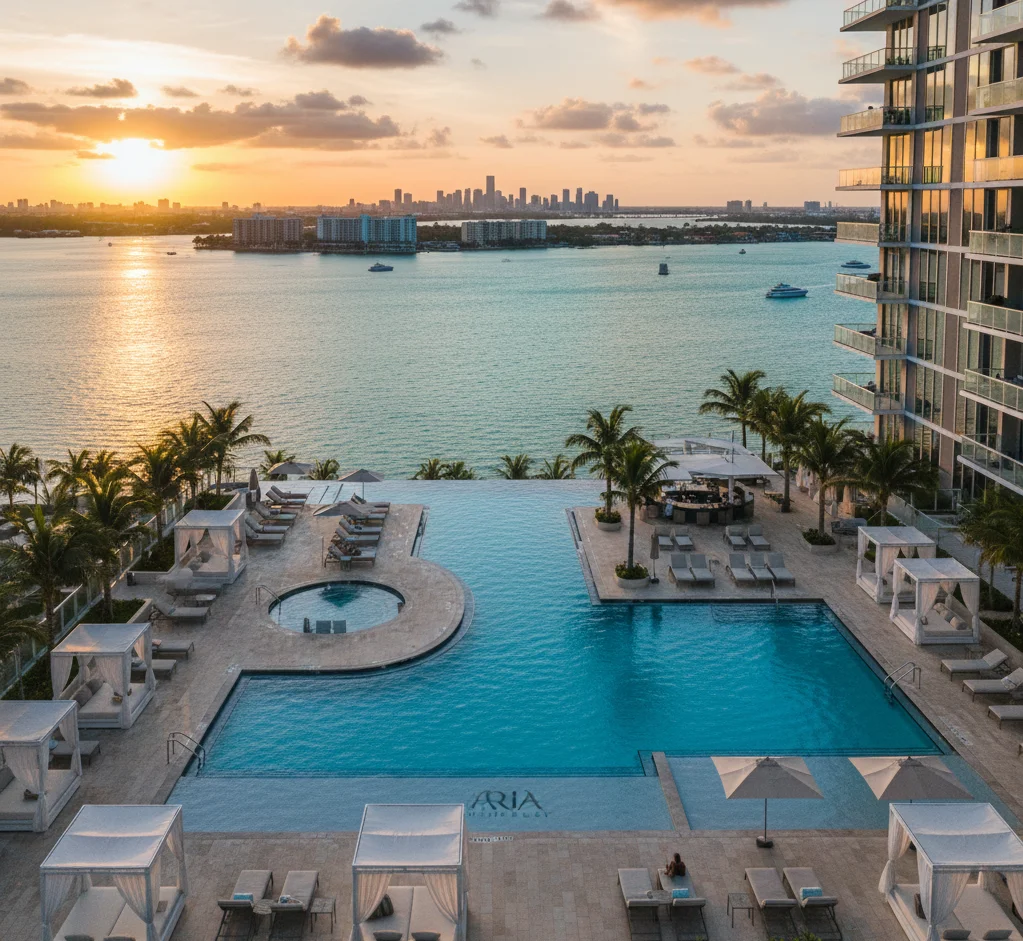 Aria on the Bay resort-style pool deck and amenities overlooking Biscayne Bay in Edgewater Miami