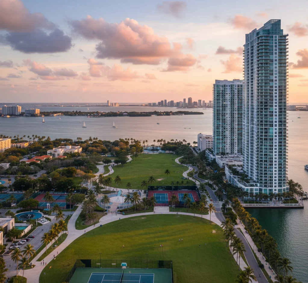 Margaret Pace Park bayfront green space next to Aria on the Bay in Edgewater Miami
