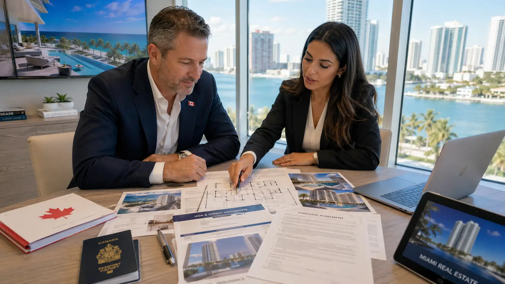 Canadian buyers reviewing Miami insurance and real estate documents