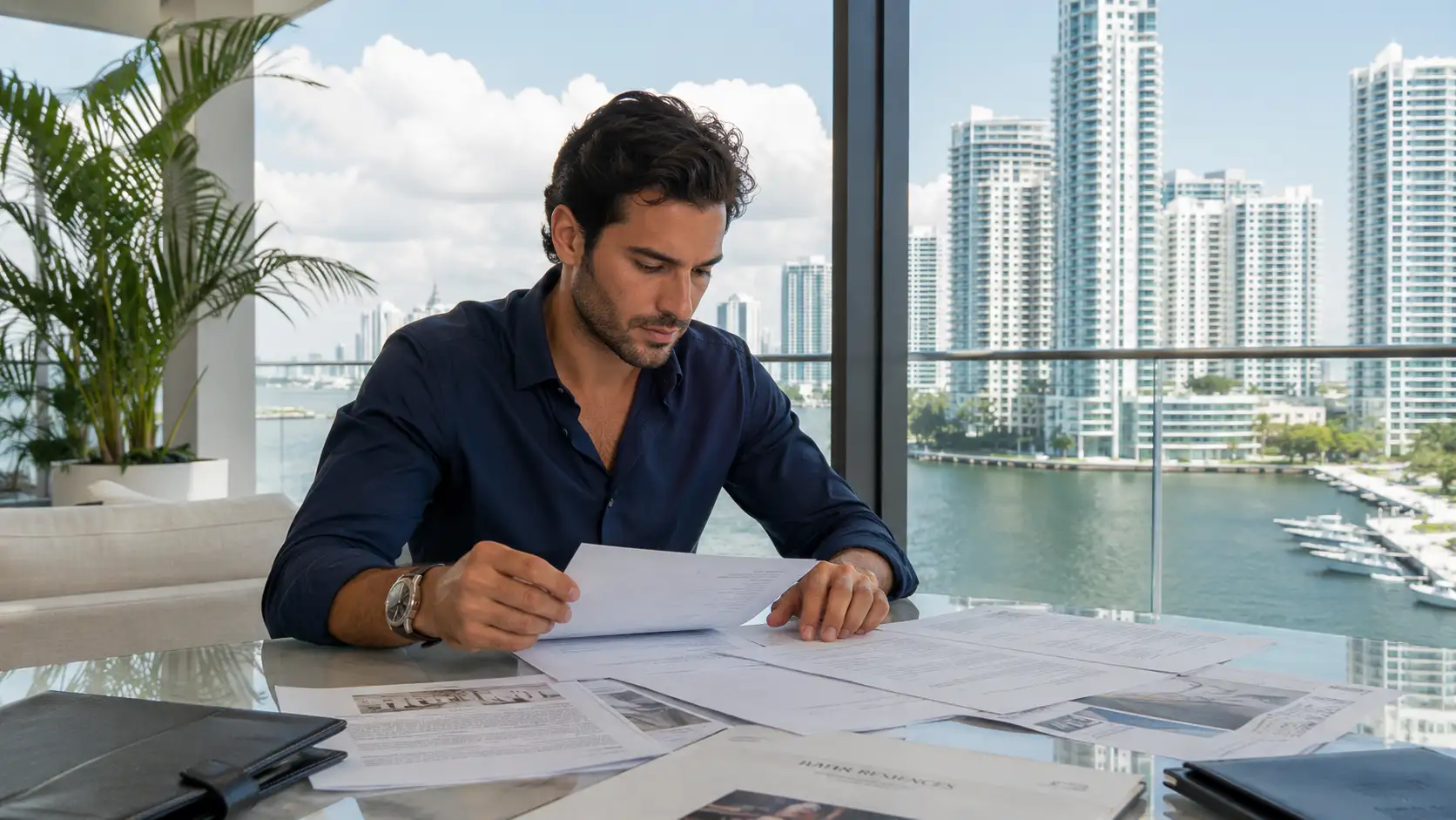 Canadian buyers reviewing Miami condo documents with a local advisor