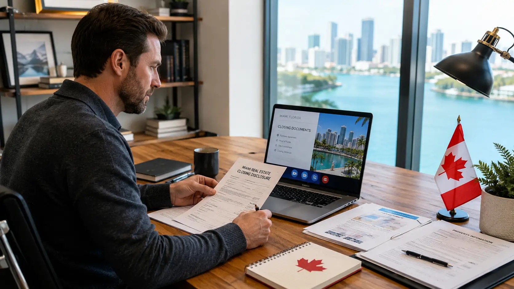 Canadian buyers reviewing Miami real estate closing documents