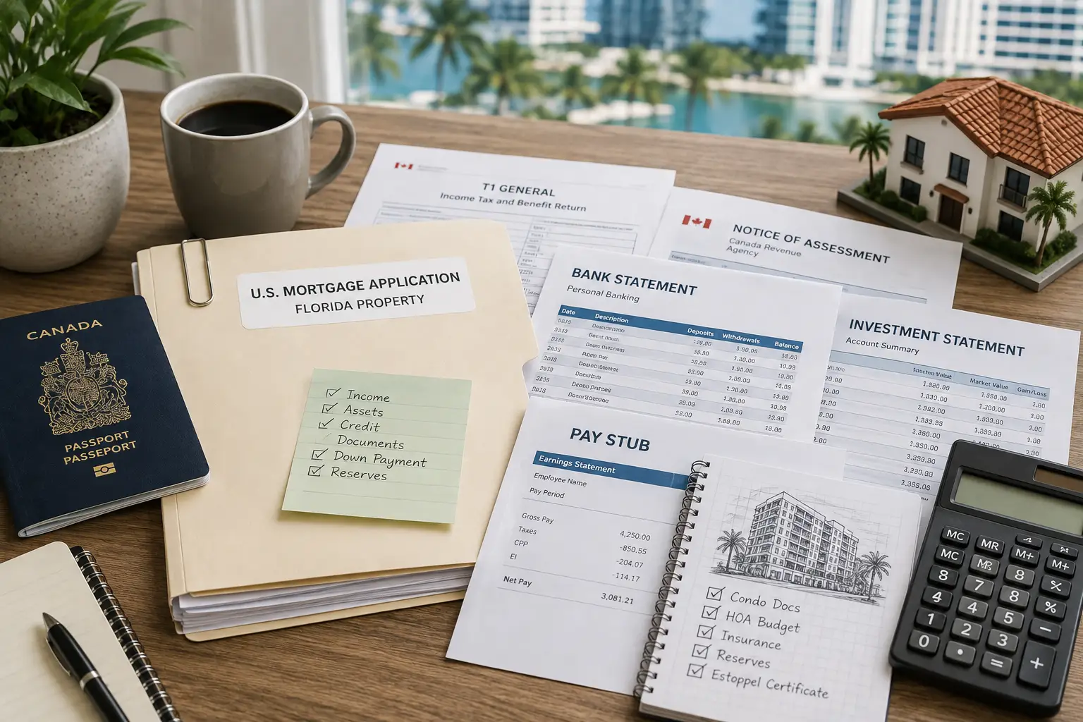 Canadian financial documents prepared for a U.S. property mortgage application.