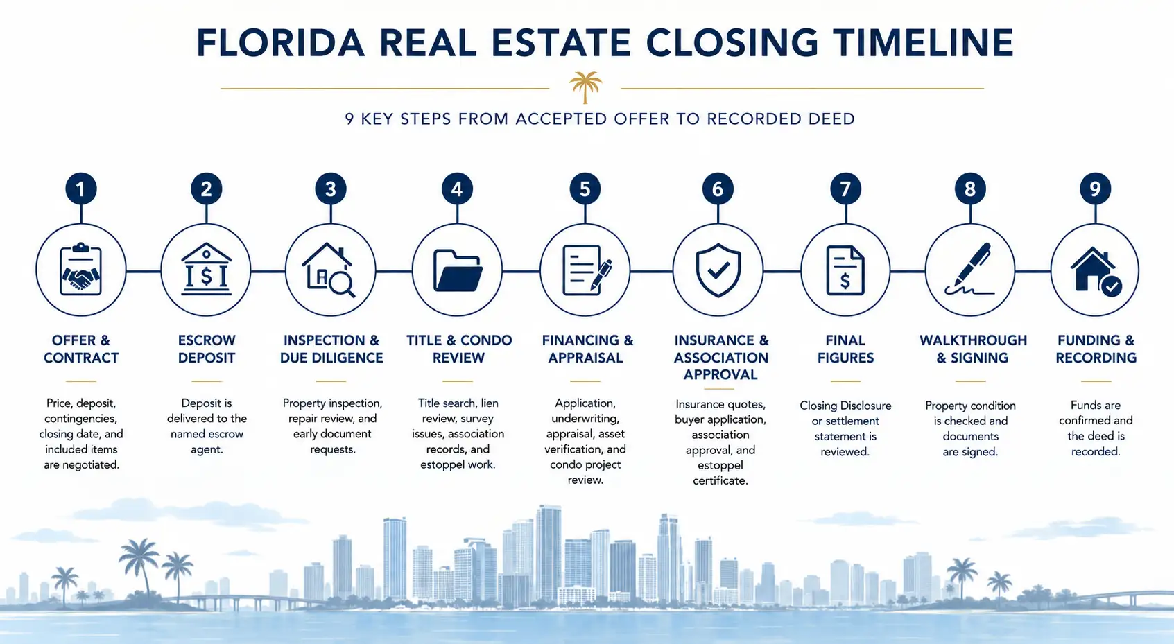 Nine stages in the Florida closing process from accepted offer to recorded deed.