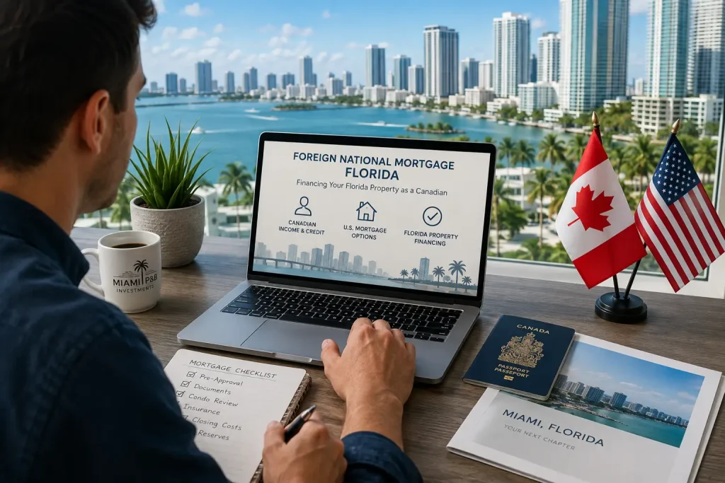 Canadian buyer reviewing a foreign national mortgage Florida application for a Miami property.