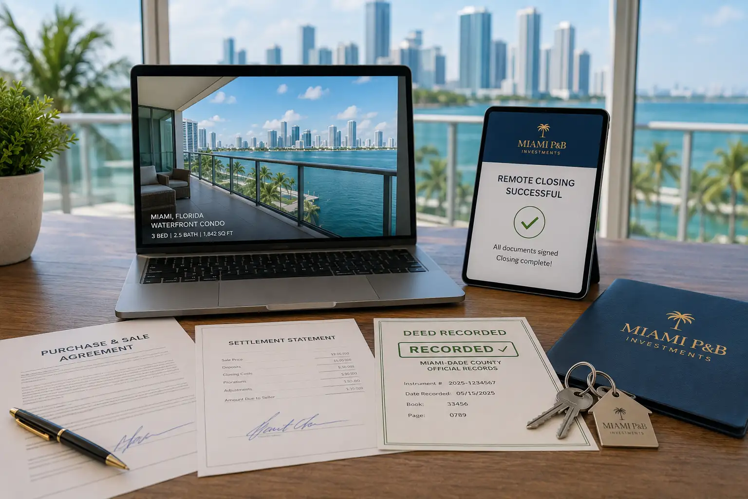 Completed remote Miami property closing with recorded deed and new keys.