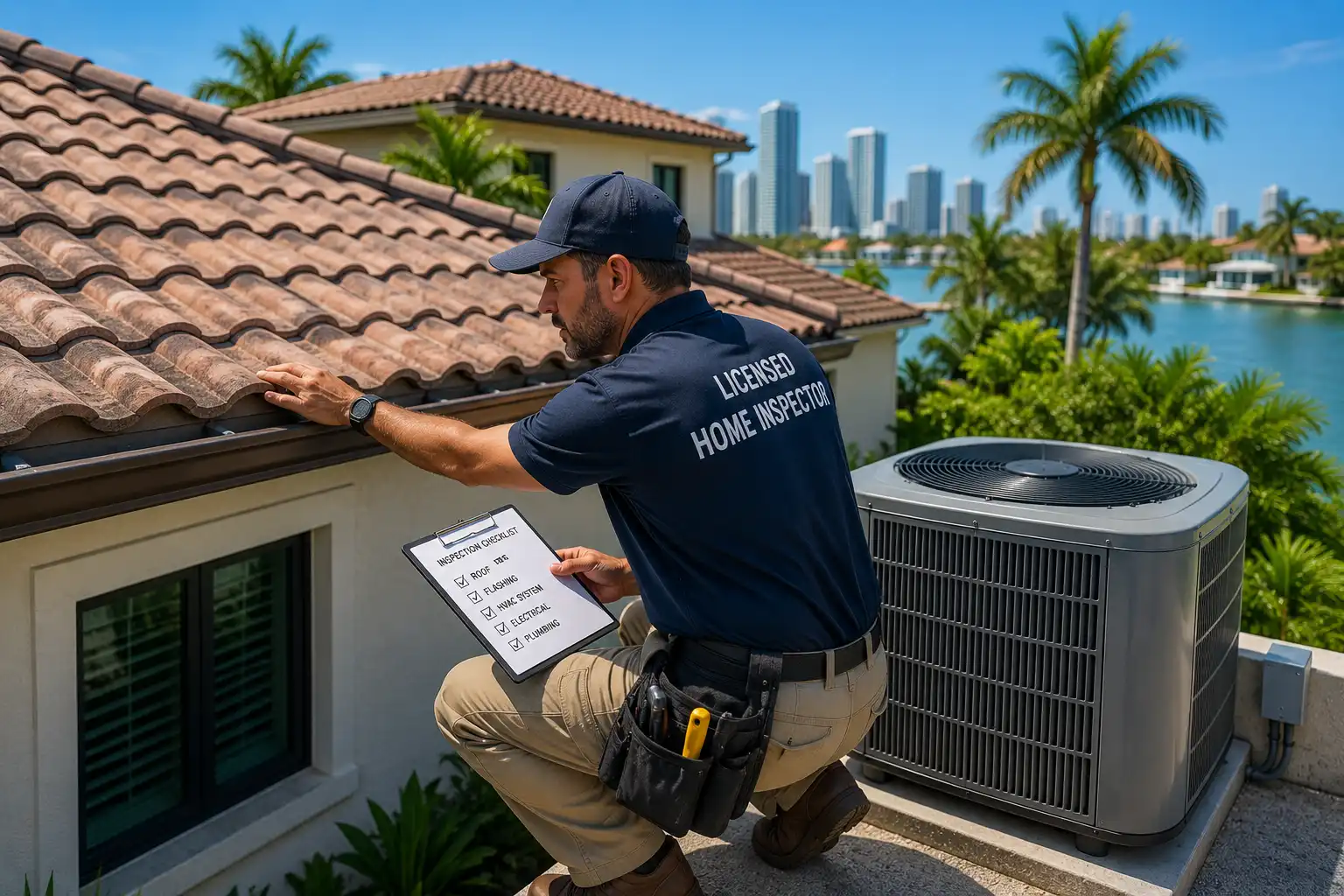 South Florida home inspector checking roof and HVAC systems