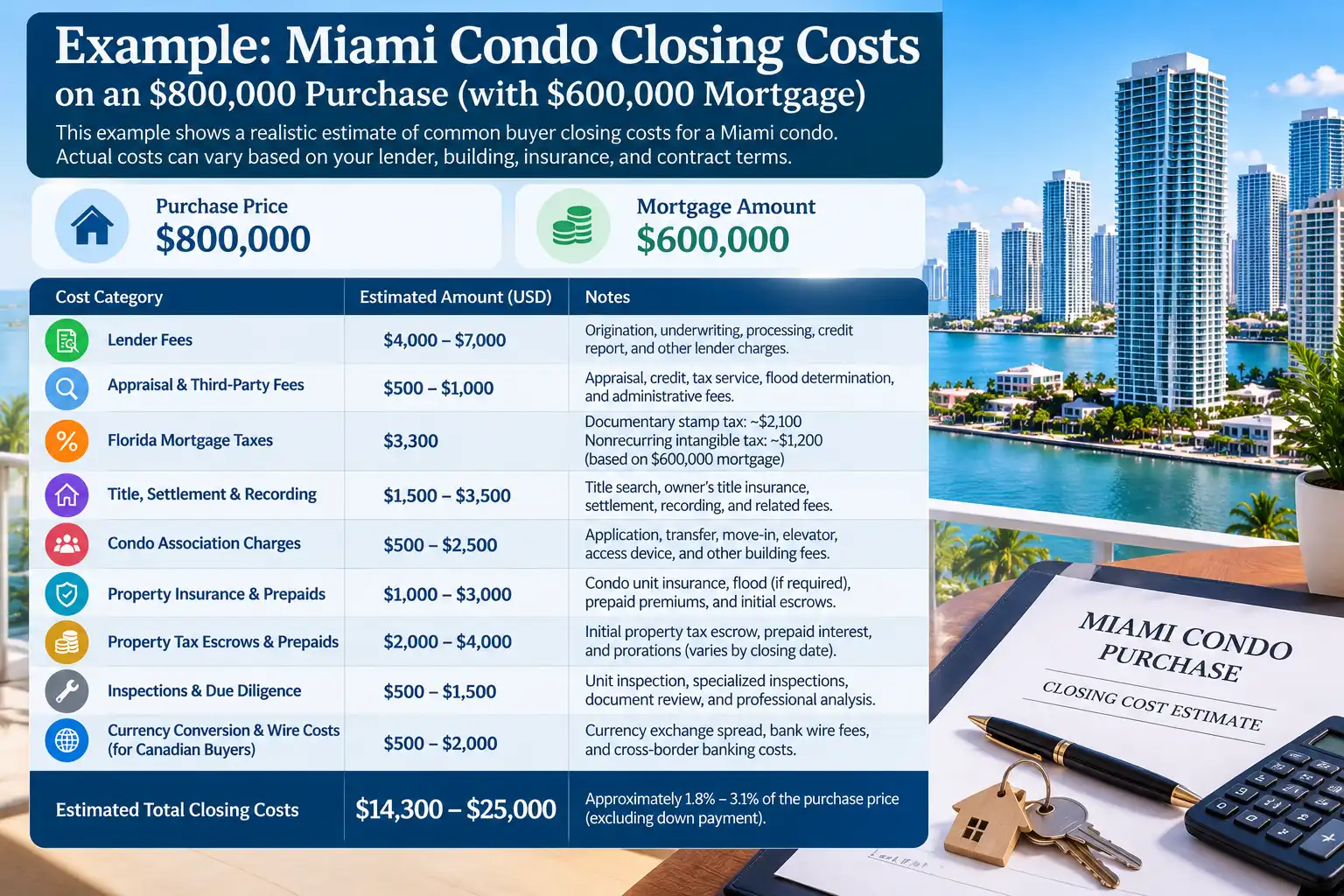 Example cost breakdown for an $800,000 Miami condo purchase.