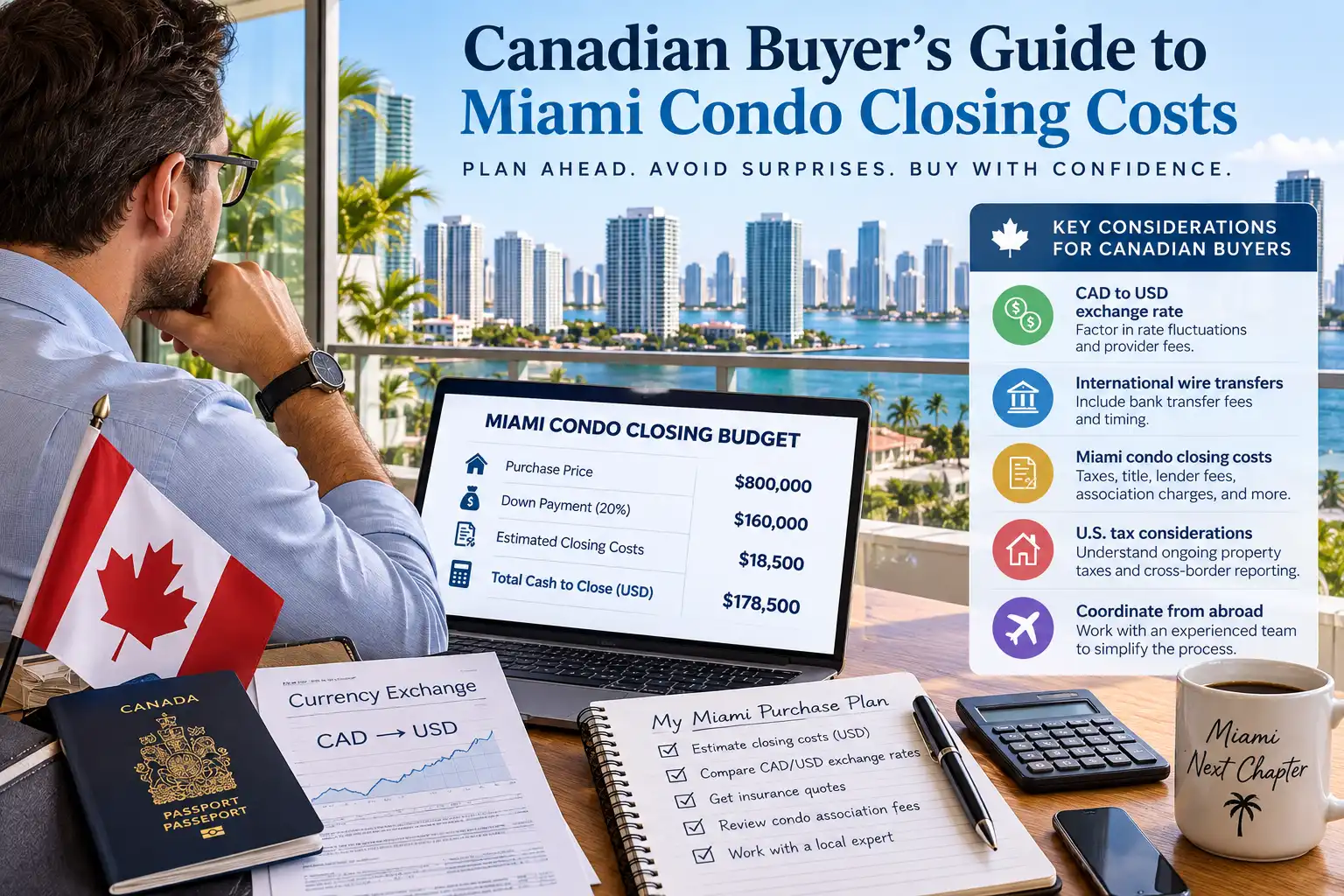 Canadian buyer planning the cost of purchasing and closing on a Miami condo.