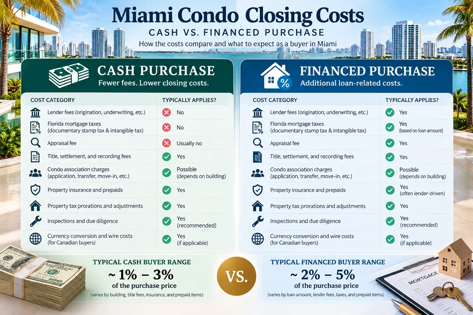 Cash versus financed condo purchase closing costs in Miami.