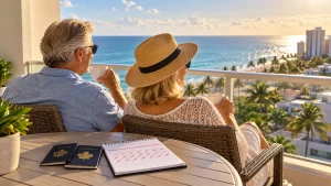 Canadian snowbird rules planning on a Florida condo balcony with passports and a calendar