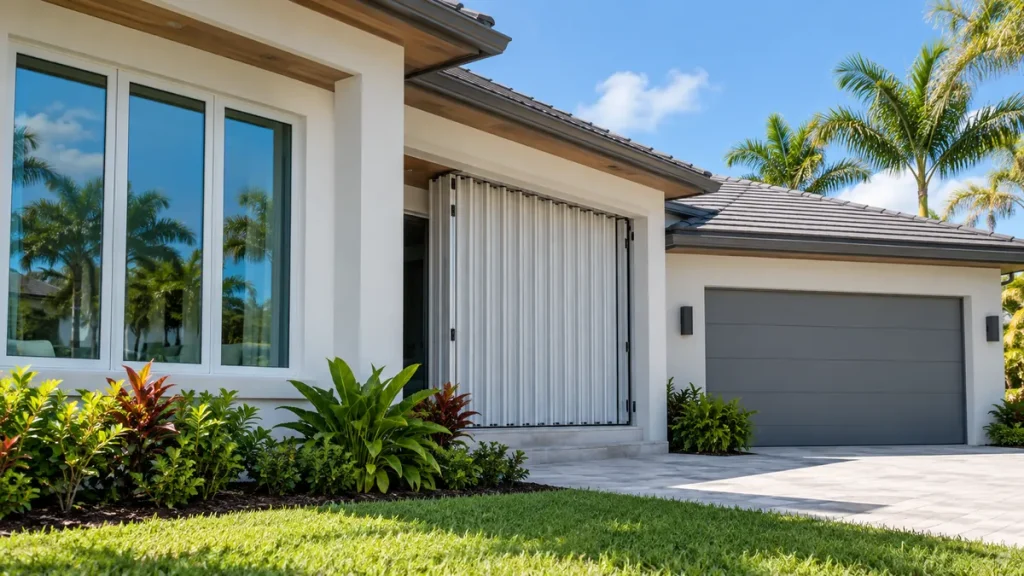 Impact windows and accordion hurricane shutters on a Miami home