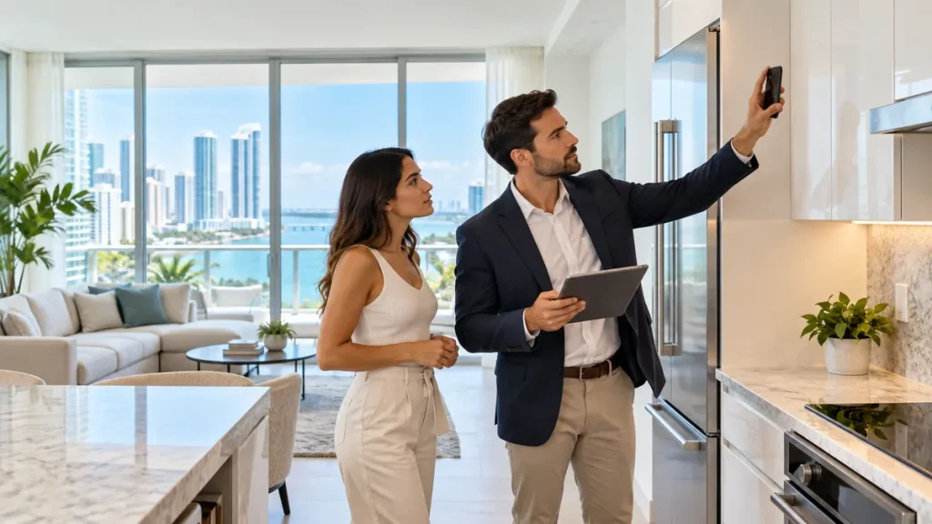 Property manager doing a move-in inspection with a tenant in a Miami rental condo