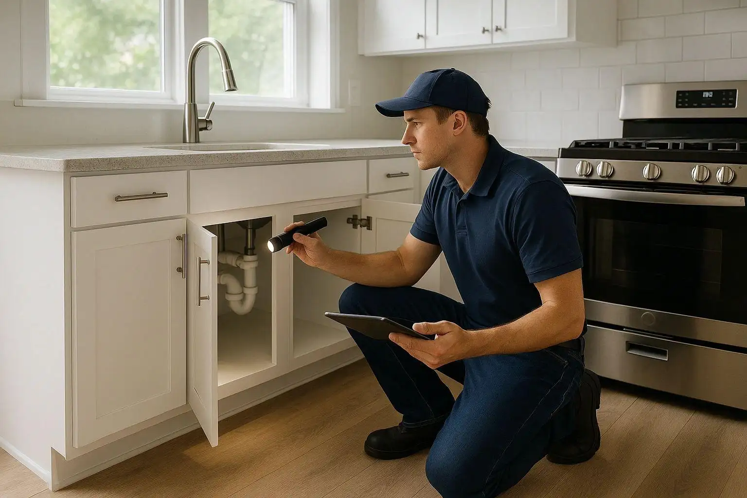 Property inspector checking a vacant Miami condominium for water leaks and maintenance issues.