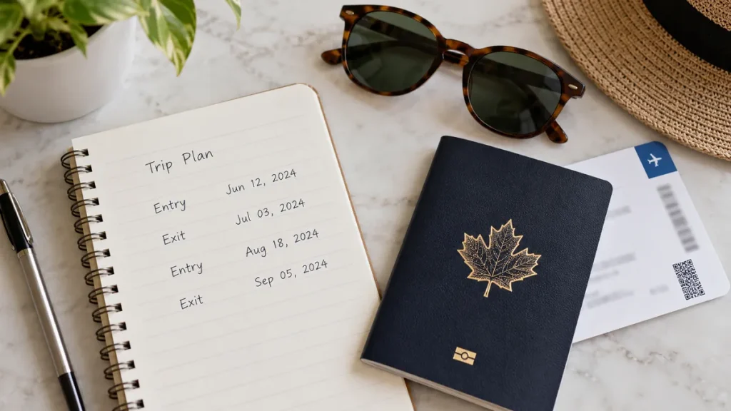 Snowbird travel log with entry and exit dates next to a Canadian passport