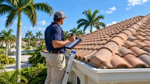 Inspector performing a wind mitigation inspection on a South Florida home's hip roof